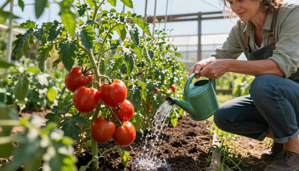 A lush garden scene showcasing a person in modest gardening attire gently watering vibrant tomato plants. In the foreground, the tomato plants are healthy with glossy red fruits hanging amidst deep green leaves, glistening from the watering can. The person, a middle-aged Caucasian woman, is crouched down, focused on the plants, with sunlight filtering through the leaves. The middle ground features neat rows of rich, dark soil, enhancing the vibrancy of the plants. In the background, a wooden trellis and a greenhouse can be seen under a clear blue sky, creating a serene and productive gardening atmosphere. The lighting is warm and inviting, evoking a sense of growth and care. A lush garden scene showcasing a person in modest gardening attire gently watering vibrant tomato plants. In the foreground, the tomato plants are healthy with glossy red fruits hanging amidst deep green leaves, glistening from the watering can. The person, a middle-aged Caucasian woman, is crouched down, focused on the plants, with sunlight filtering through the leaves. The middle ground features neat rows of rich, dark soil, enhancing the vibrancy of the plants. In the background, a wooden trellis and a greenhouse can be seen under a clear blue sky, creating a serene and productive gardening atmosphere. The lighting is warm and inviting, evoking a sense of growth and care.