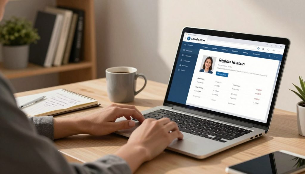 A modern, sleek computer desk in a well-lit home office, focusing on a laptop screen displaying a user-friendly personal account interface for a loan registration process. In the foreground, a pair of professional hands is typing on the keyboard, dressed in a smart casual attire. In the middle, a coffee mug sits next to a notebook filled with handwritten notes on loan conditions and interest rates. The background features a stylish bookshelf filled with finance books and a small plant for a touch of greenery. The lighting is warm and inviting, casting soft shadows, creating a cozy yet professional atmosphere that emphasizes productivity and focus. A modern, sleek computer desk in a well-lit home office, focusing on a laptop screen displaying a user-friendly personal account interface for a loan registration process. In the foreground, a pair of professional hands is typing on the keyboard, dressed in a smart casual attire. In the middle, a coffee mug sits next to a notebook filled with handwritten notes on loan conditions and interest rates. The background features a stylish bookshelf filled with finance books and a small plant for a touch of greenery. The lighting is warm and inviting, casting soft shadows, creating a cozy yet professional atmosphere that emphasizes productivity and focus.