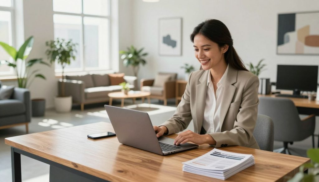 A professional office environment showcasing a welcoming contact and support area. In the foreground, a polished wooden desk holds a sleek laptop, a smartphone, and a stack of neatly arranged brochures. A friendly consultant, dressed in modest business attire, stands beside the desk, offering assistance with a warm smile. In the middle, an open area features comfortable seating with potted plants and modern art on the walls, creating an inviting atmosphere. In the background, large windows allow natural sunlight to pour in, illuminating the space and giving a sense of openness. Capture this scene with bright, even lighting and a slightly elevated angle, conveying a mood of professionalism and approachability. A professional office environment showcasing a welcoming contact and support area. In the foreground, a polished wooden desk holds a sleek laptop, a smartphone, and a stack of neatly arranged brochures. A friendly consultant, dressed in modest business attire, stands beside the desk, offering assistance with a warm smile. In the middle, an open area features comfortable seating with potted plants and modern art on the walls, creating an inviting atmosphere. In the background, large windows allow natural sunlight to pour in, illuminating the space and giving a sense of openness. Capture this scene with bright, even lighting and a slightly elevated angle, conveying a mood of professionalism and approachability.